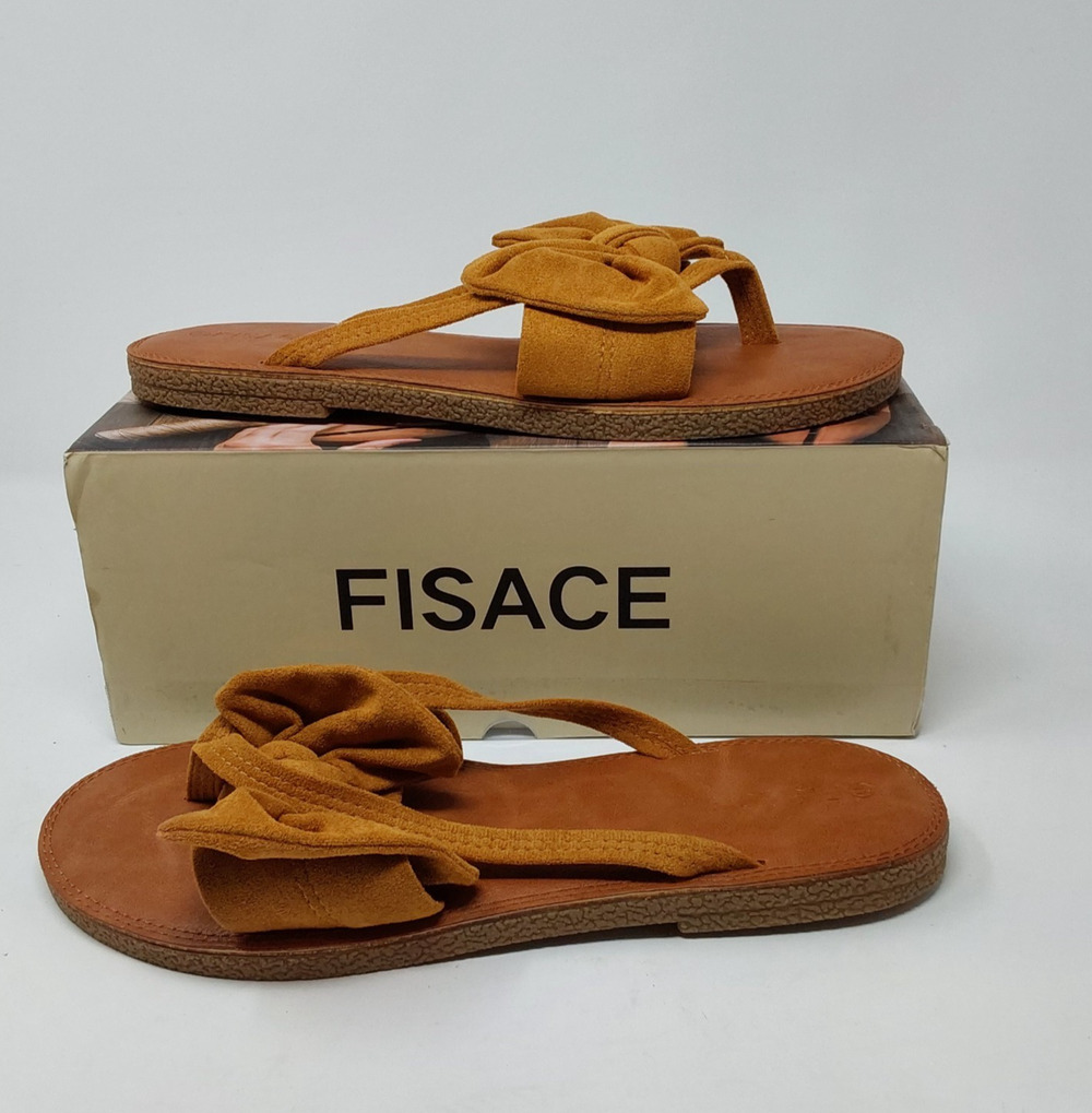 FISACE Womens 11 Brown Bow Ring Toe Strappy Flat Sandals Slip On